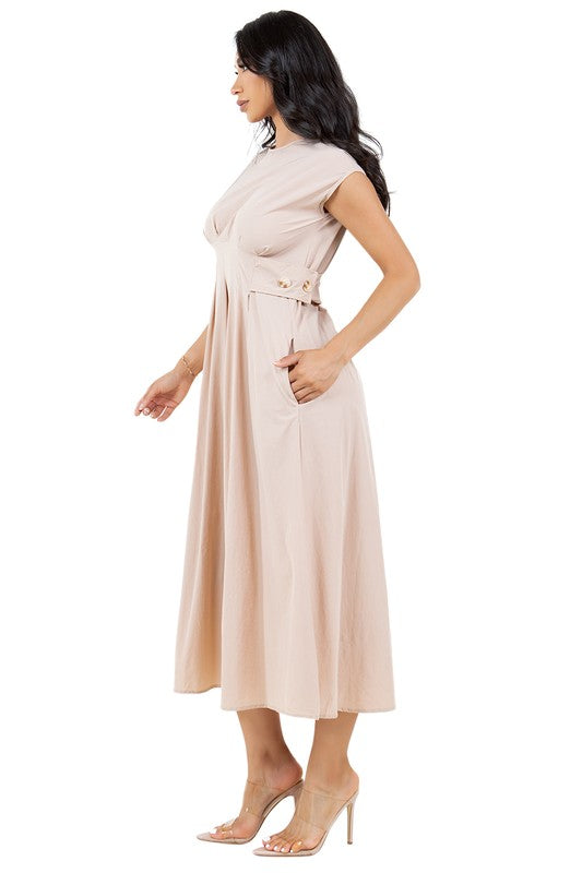 Cream Cap Sleeve Pleated Long Maxi Dress By Claude   