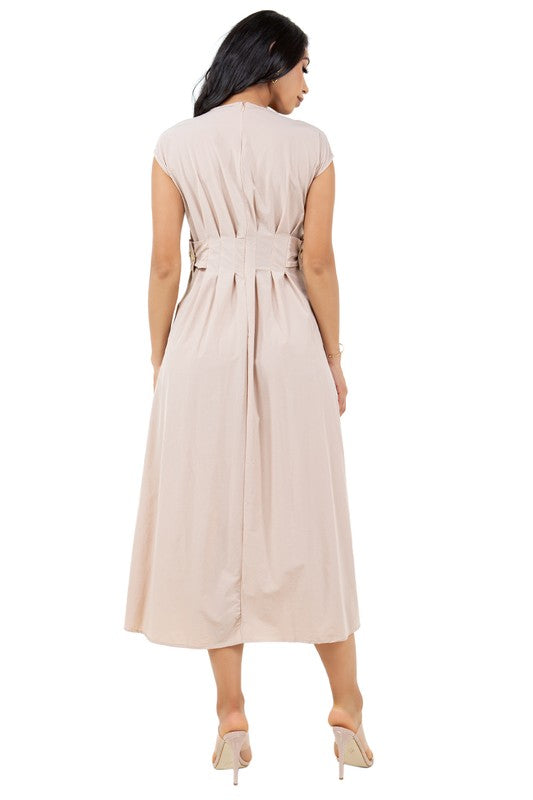 Cream Cap Sleeve Pleated Long Maxi Dress By Claude   