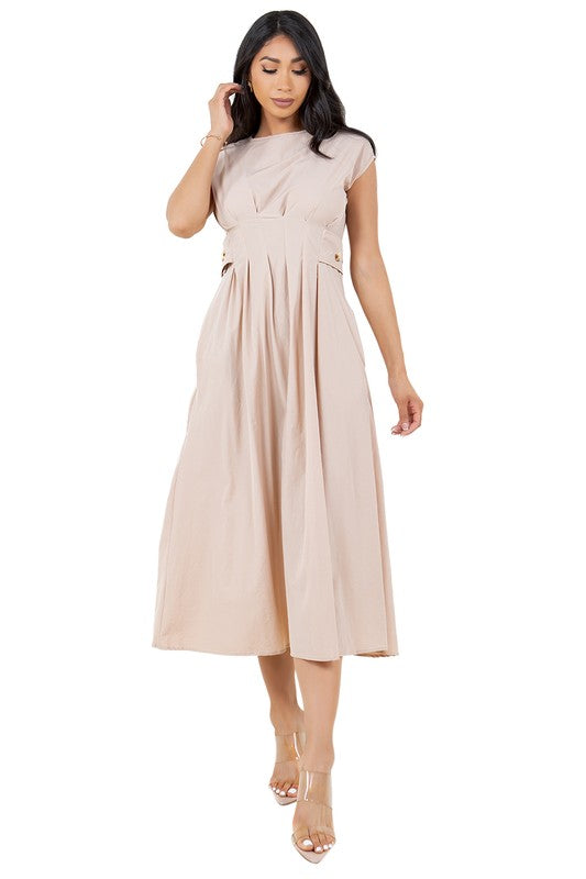 Cream Cap Sleeve Pleated Long Maxi Dress By Claude CREAM S 