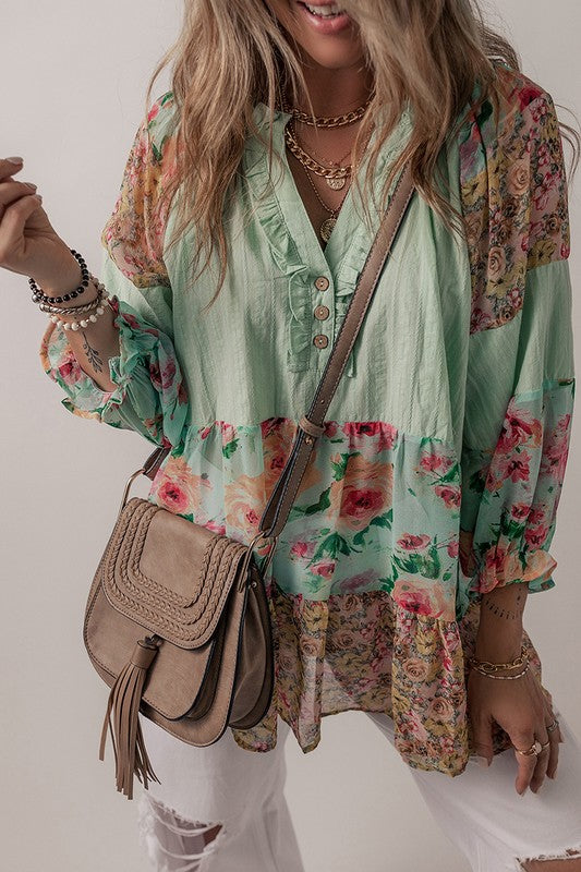 Floral Patchwork Frilled Split Neck Blouse YNIQUE   