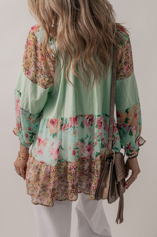 Floral Patchwork Frilled Split Neck Blouse YNIQUE   