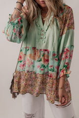 Floral Patchwork Frilled Split Neck Blouse YNIQUE   