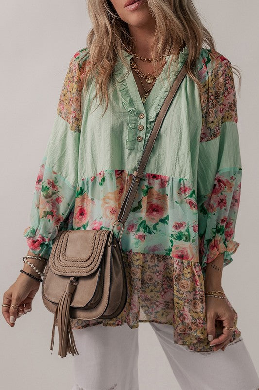 Floral Patchwork Frilled Split Neck Blouse YNIQUE Green S 