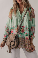 Floral Patchwork Frilled Split Neck Blouse YNIQUE Green S 