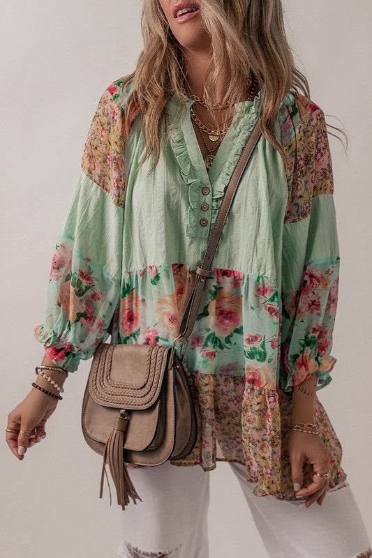 Floral Patchwork Frilled Split Neck Blouse YNIQUE   