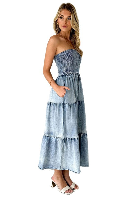 Denim Smocked Tiered Midi Dress By Claude   