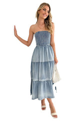 Denim Smocked Tiered Midi Dress By Claude   