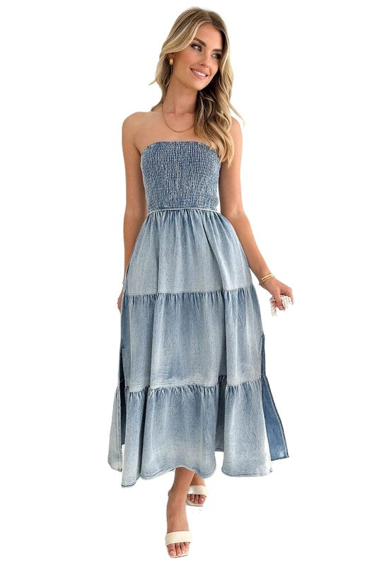 Denim Smocked Tiered Midi Dress By Claude BLUE S 