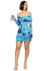 Tie-Dye Mini Off Shoulder Button Up Dress By Claude BLUE S 