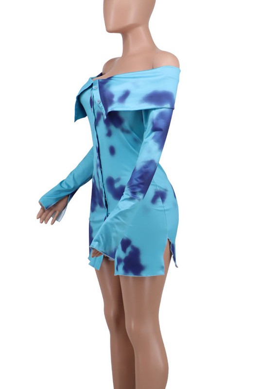 Tie-Dye Mini Off Shoulder Button Up Dress By Claude   
