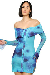 Tie-Dye Mini Off Shoulder Button Up Dress By Claude   