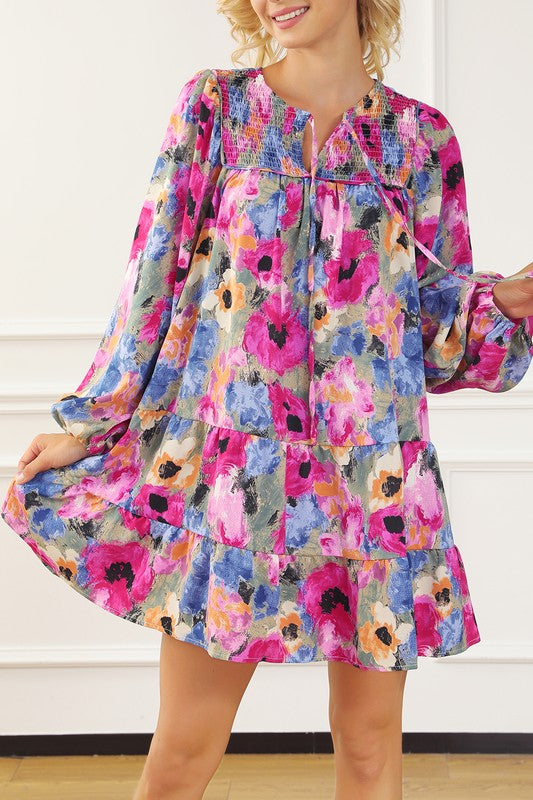 Floral Tie Neck Bubble Sleeve Tiered Shift Dress YNIQUE   