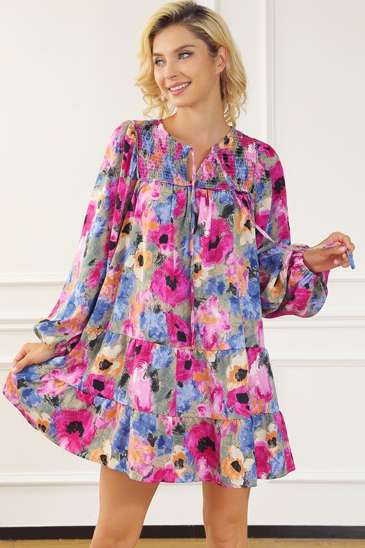 Floral Tie Neck Bubble Sleeve Tiered Shift Dress YNIQUE Pink S 