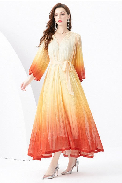 Elegant Ombre Pleated Maxi Dress with Belt and Bell Sleeves By Claude ORANGE MULTI ONE 