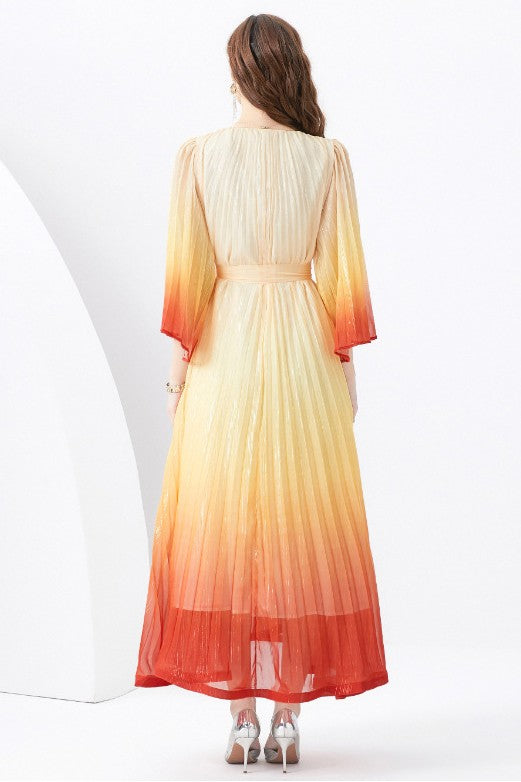 Elegant Ombre Pleated Maxi Dress with Belt and Bell Sleeves By Claude   