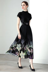 Black Floral Mock Neck Pleated 2 Piece Maxi Dress By Claude   