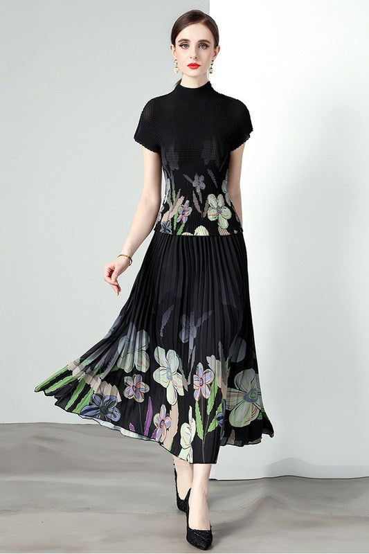 Black Floral Mock Neck Pleated 2 Piece Maxi Dress By Claude BLACK S 