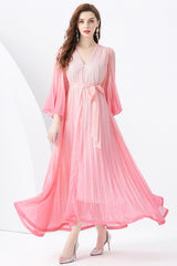 Elegant Ombre Pleated Maxi Dress with Belt and Bell Sleeves By Claude PINK MULTI ONE 