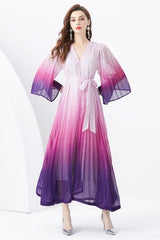 Elegant Ombre Pleated Maxi Dress with Belt and Bell Sleeves By Claude PURPLE MULTI ONE 