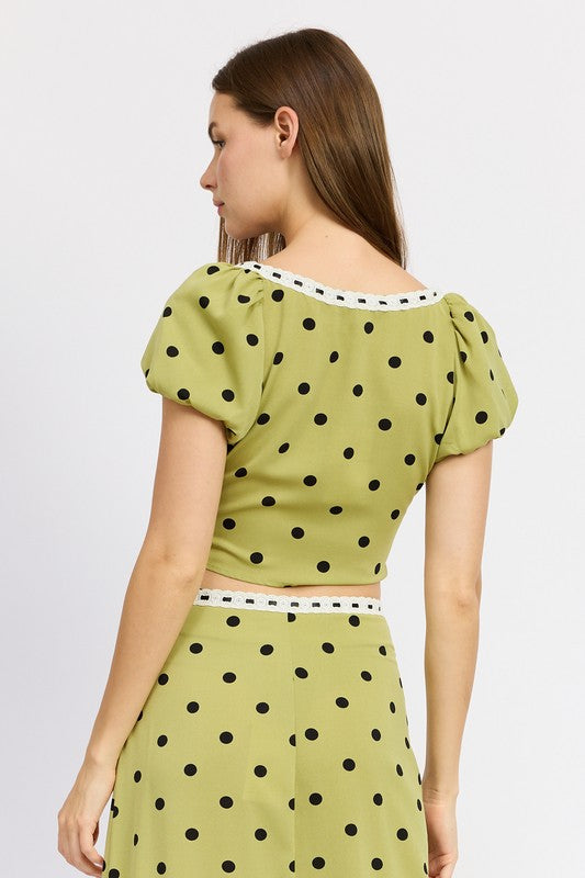 Olive Polka Dot Puff Sleeve Crop Top with Lace Trim Emory Park   