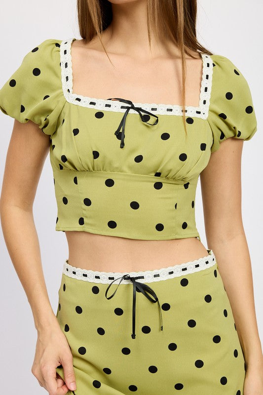 Olive Polka Dot Puff Sleeve Crop Top with Lace Trim Emory Park   