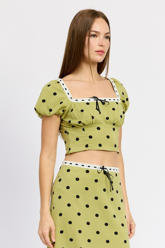 Olive Polka Dot Puff Sleeve Crop Top with Lace Trim Emory Park   