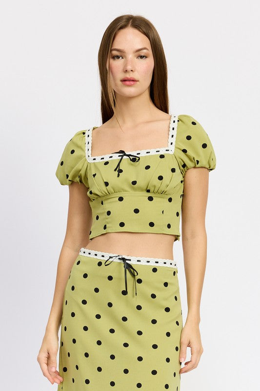 Olive Polka Dot Puff Sleeve Crop Top with Lace Trim Emory Park OLIVE POLKA DOT S 