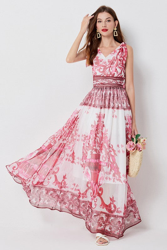 Elegant Floral Print Sleeveless Chiffon Maxi Dress By Claude   