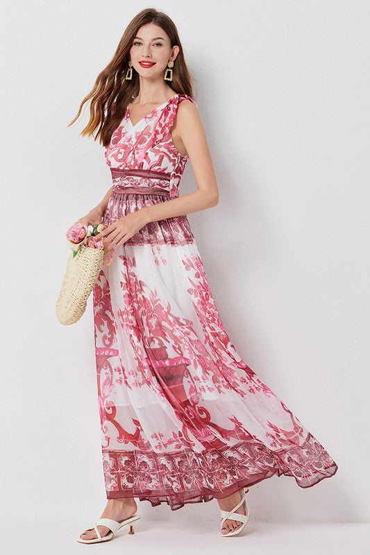 Elegant Floral Print Sleeveless Chiffon Maxi Dress By Claude   