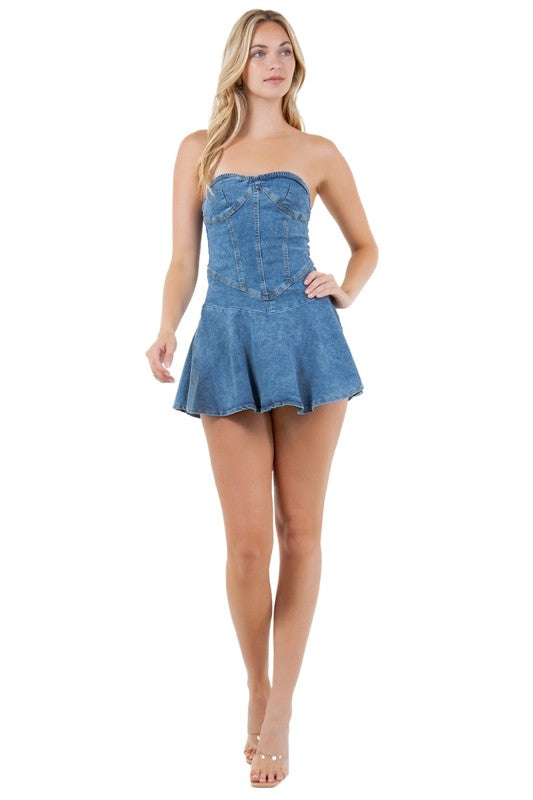 Strapless Denim Mini Dress with Flared Skirt By Claude BLUE S 