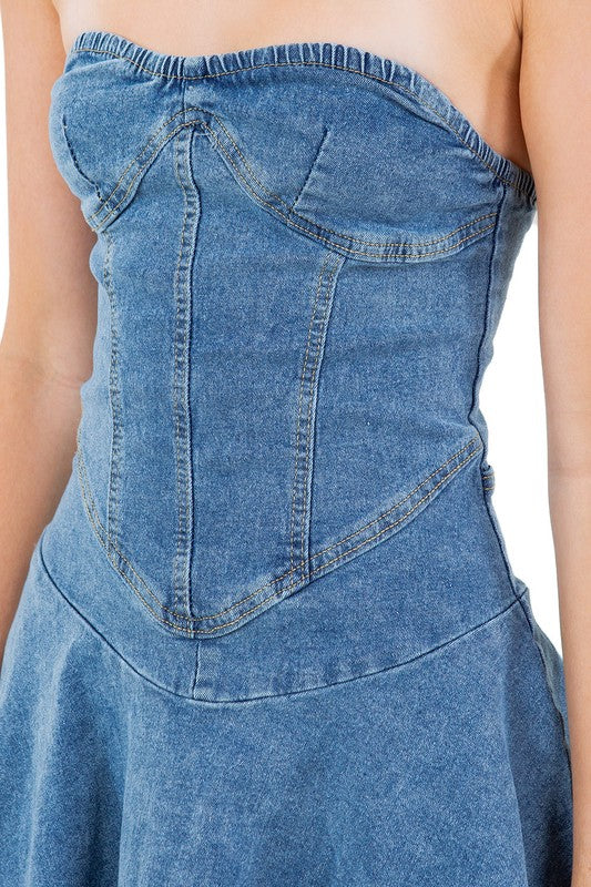 Strapless Denim Mini Dress with Flared Skirt By Claude   