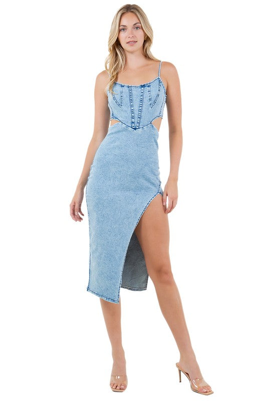 Denim Cut-Out Bodycon Long Dress with Thigh-High Slit By Claude   