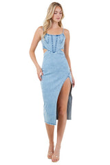 Denim Cut-Out Bodycon Long Dress with Thigh-High Slit By Claude BLUE S 