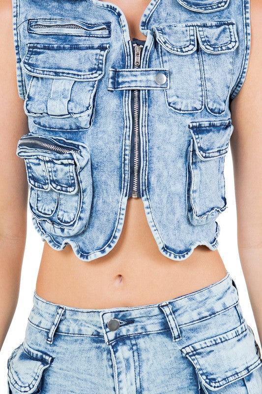 Denim Zip Crop Vest With Shorts Set By Claude   