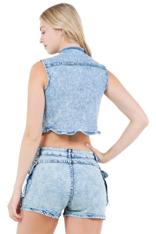 Denim Zip Crop Vest With Shorts Set By Claude   