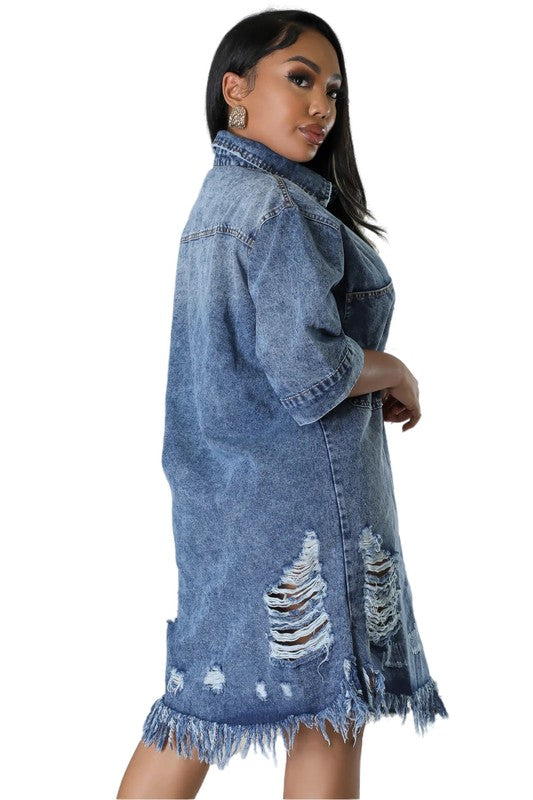 Distressed Denim Relaxed Shirt Dress with Frayed Hem By Claude   