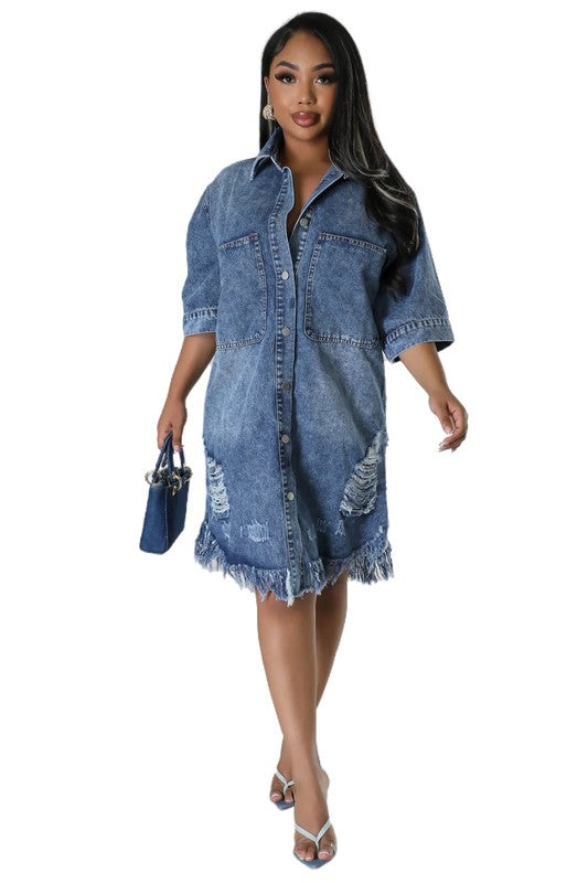 Distressed Denim Relaxed Shirt Dress with Frayed Hem By Claude   