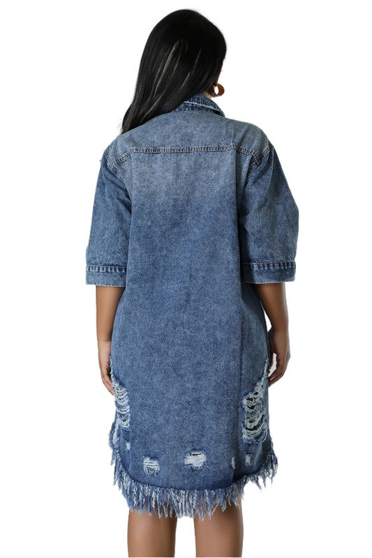 Distressed Denim Relaxed Shirt Dress with Frayed Hem By Claude   