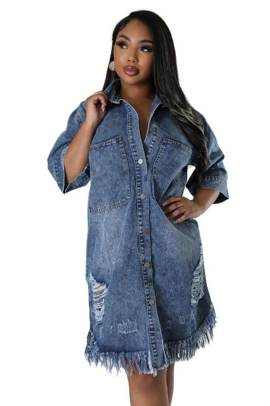 Distressed Denim Relaxed Shirt Dress with Frayed Hem By Claude   