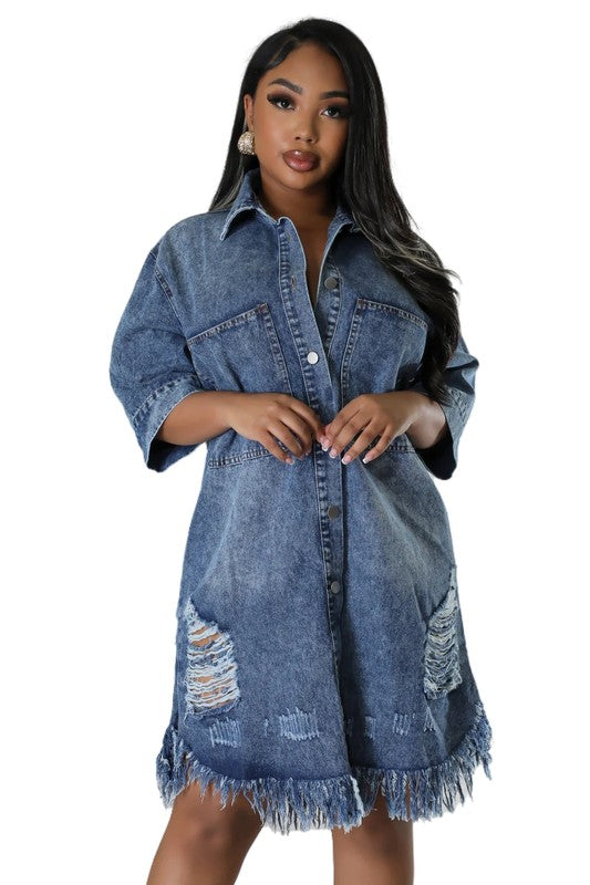 Distressed Denim Relaxed Shirt Dress with Frayed Hem By Claude   