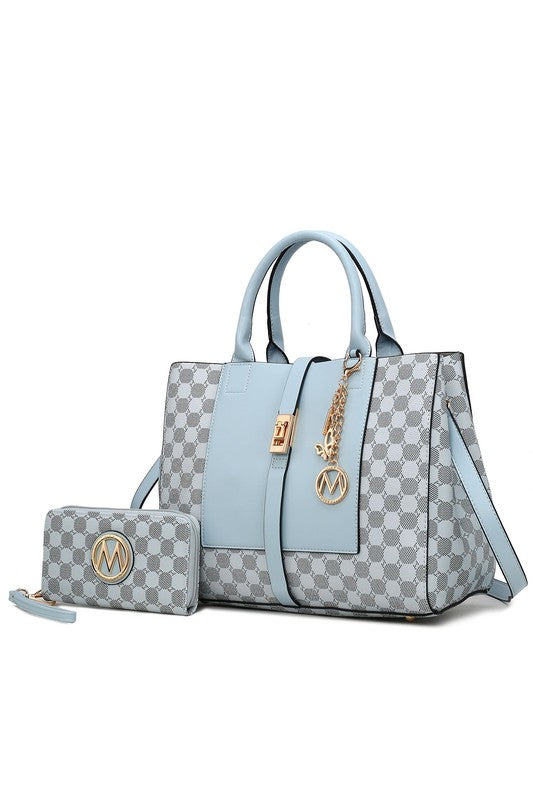 Yuliana Circular Checkered Print Satchel Bag with Wallet MKF Collection by Mia K Light Blue One Size 