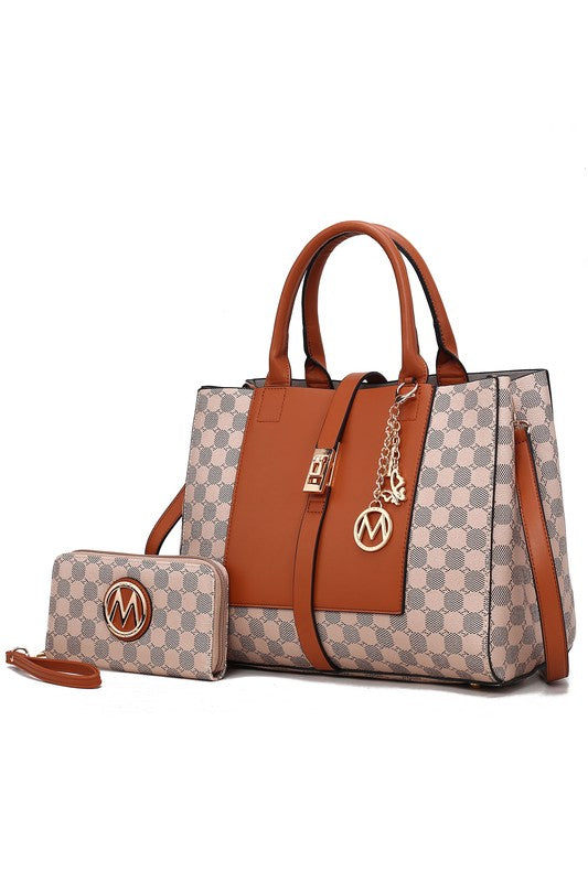 Yuliana Circular Checkered Print Satchel Bag with Wallet MKF Collection by Mia K Cognac Brown One Size 