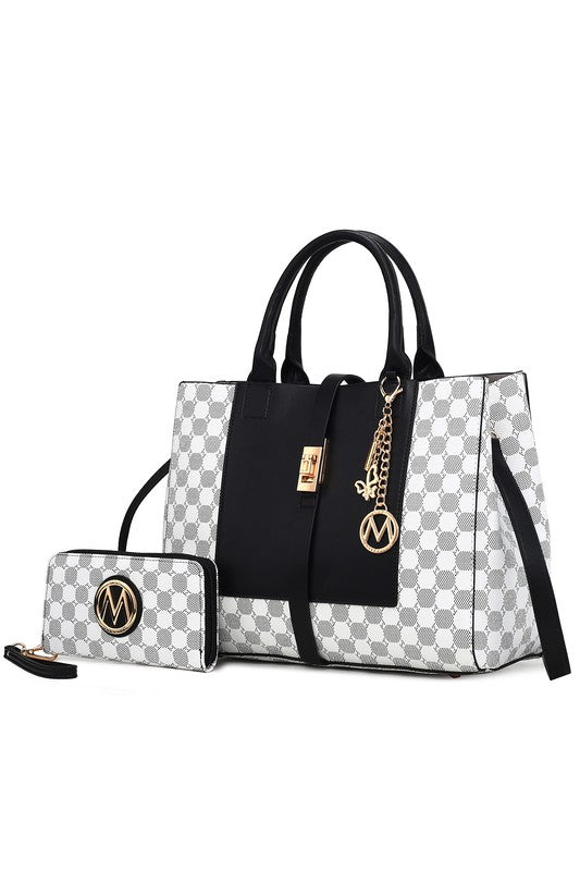 Yuliana Circular Checkered Print Satchel Bag with Wallet MKF Collection by Mia K Black One Size 