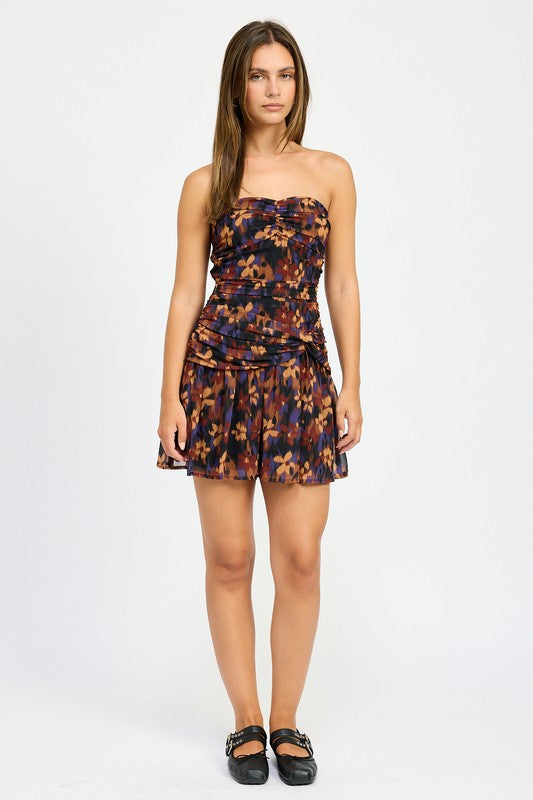 Floral Print Strapless Ruched Mini Dress Emory Park   