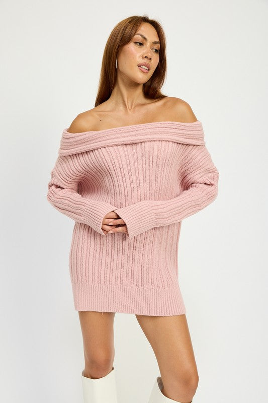 Off Shoulder Oversized Tunic Sweater Dress Emory Park PINK S 