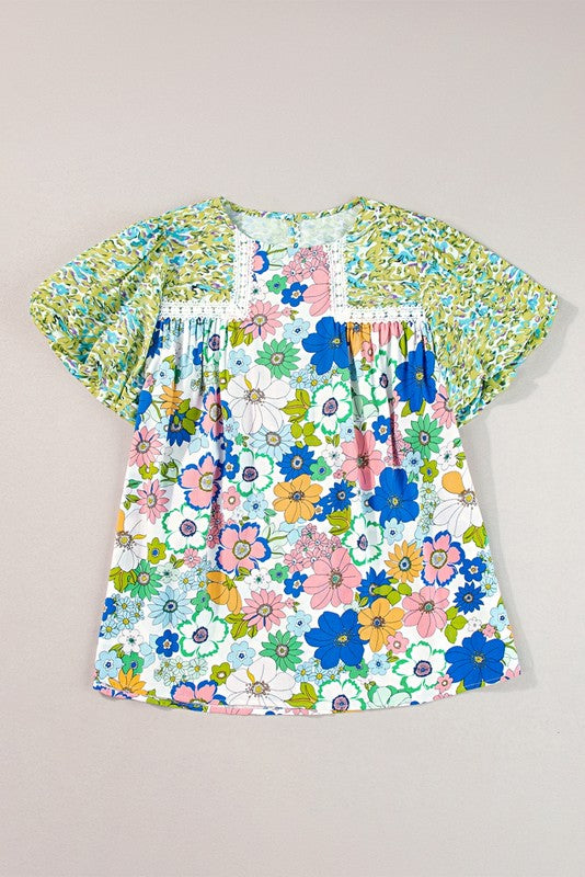 Retro Bubble Sleeve Flower Power Green Tunic Top EG fashion Green S 