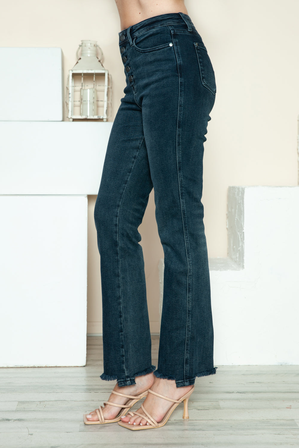 Button Fly Hem Destroy Straight Jeans Judy Blue   