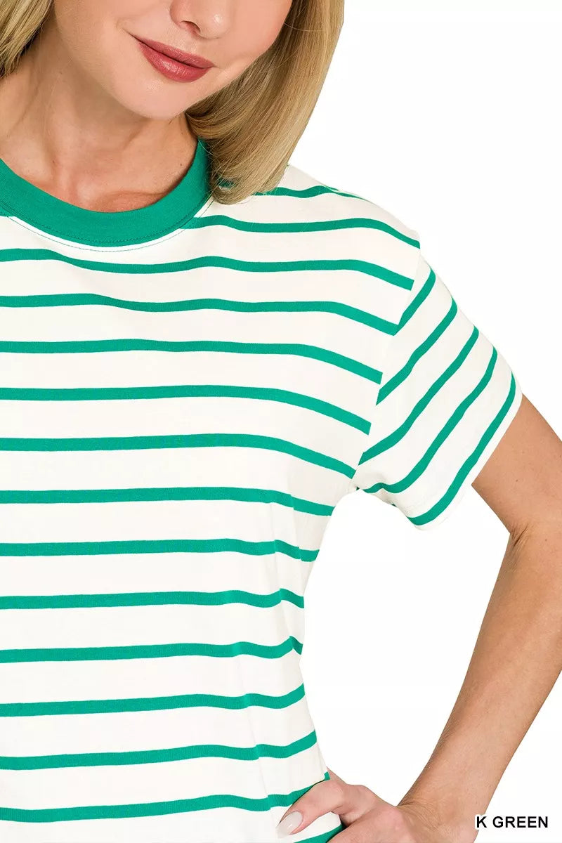 Striped Round Neck Short Sleeve T-Shirt ZENANA