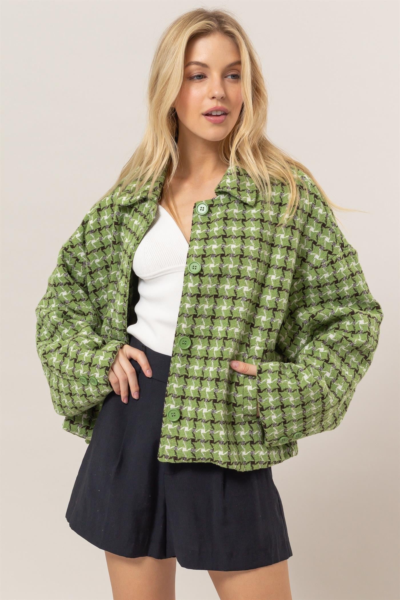 Tweed Plaid Button Up Collared Neck Jacket HYFVE Green S 