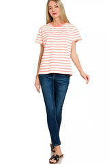 Striped Round Neck Short Sleeve T-Shirt ZENANA